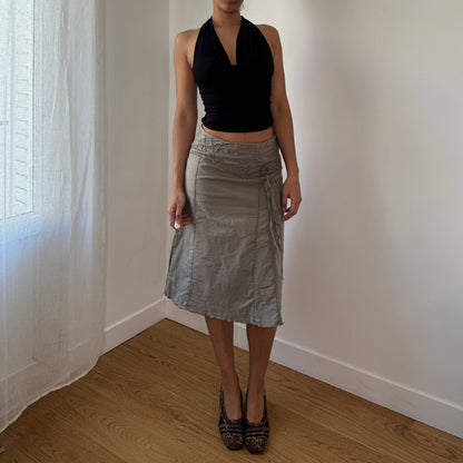 Vintage Khaki Cotton Embroidered Midi Skirt Tie Detail Y2K (S)