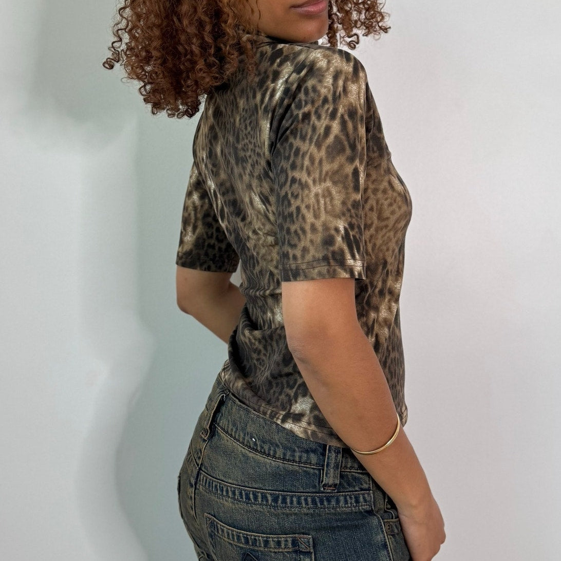 Vintage Brown Beige Leopard Print Mock Neck Top Italian Y2K (S/M)