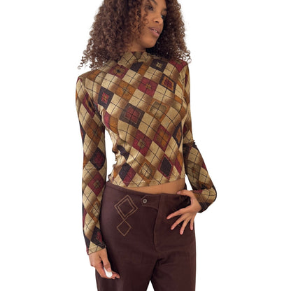 Vintage Euro shimmer argyle mesh-knit fitted long sleeve top (Small)