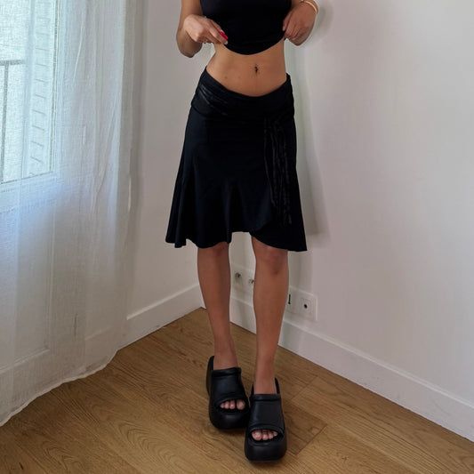 Vintage Black Midi Skirt Satin Ribbon Detail Asymmetrical Hem Y2K (S)