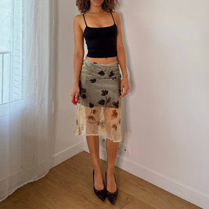 Vintage Golden|Tan Brown Floral Mesh Midi Skirt Italian Y2K (XS/S)