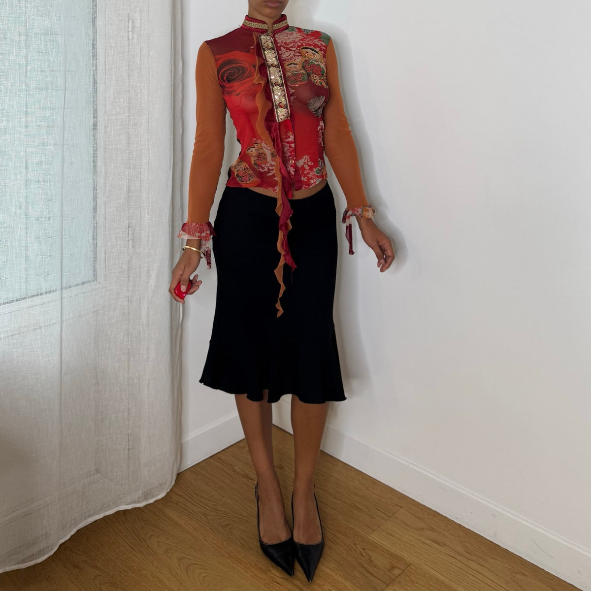 Rare Italian vintage Y2K red orange graphic print semi-sheer mesh top with sequin embellishments, lace back and ruffle trim