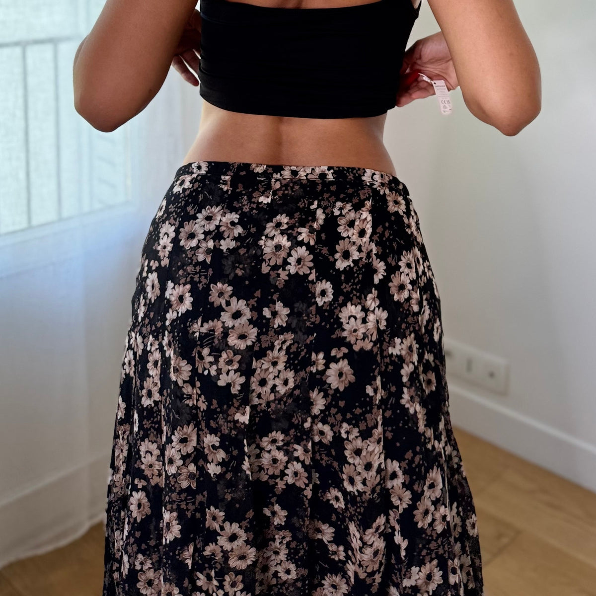 Vintage Black Brown Floral Mesh Midi Skirt (S)