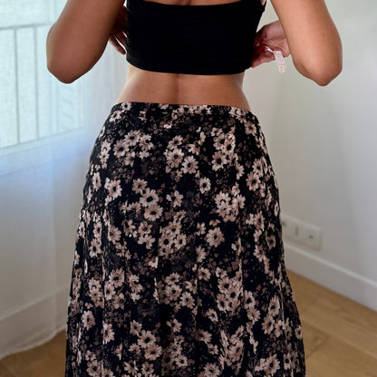 Vintage Black Brown Floral Mesh Midi Skirt (S)