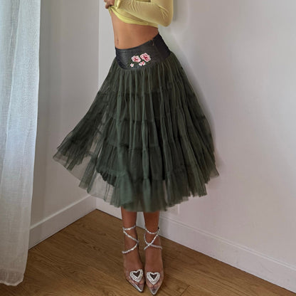 Vintage Italian Olive Green Floral Embroidered Tulle Midi Skirt Y2K (XS/S)