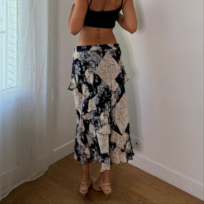 Vintage Italian Black Beige Floral Ruffle Mesh Midi Skirt (S)