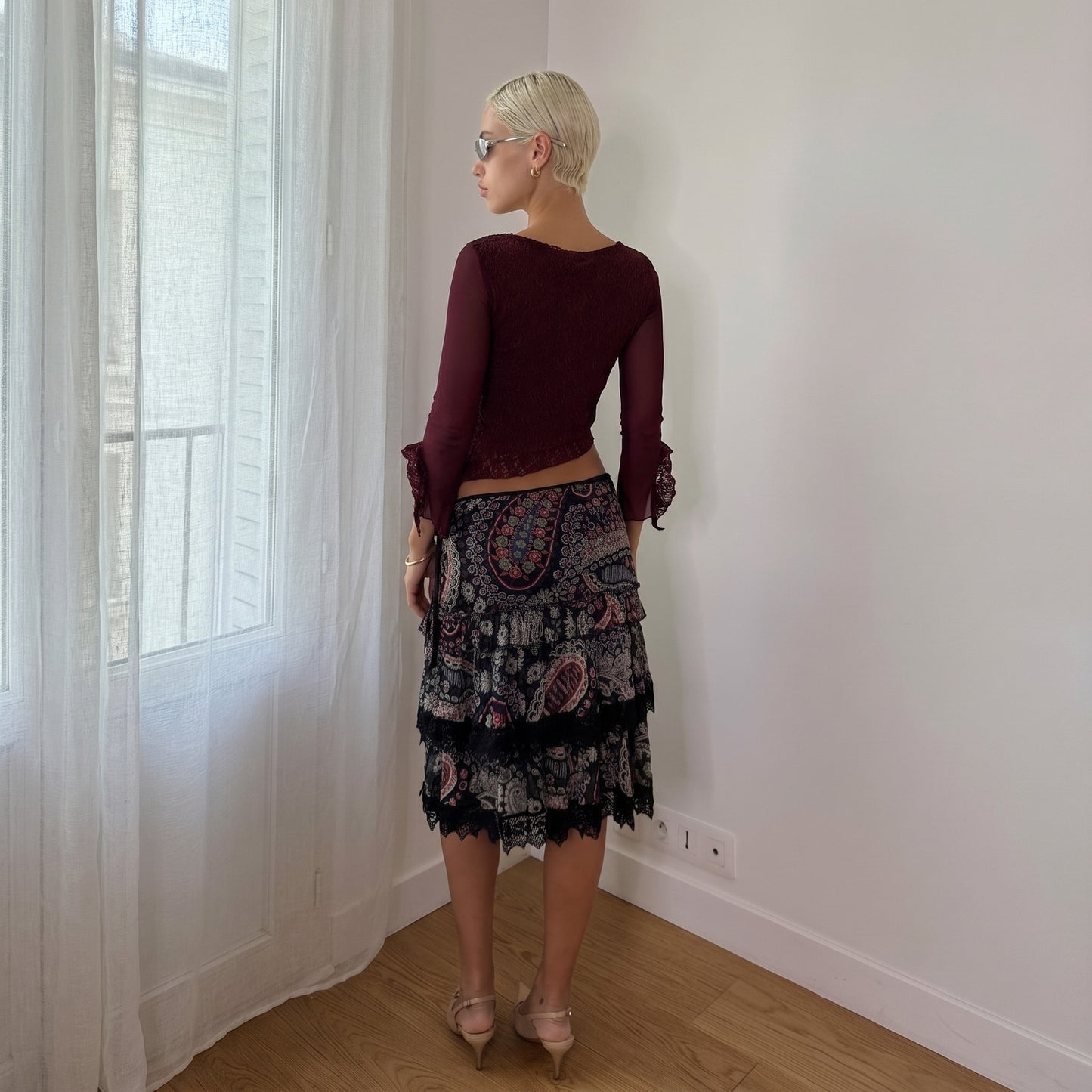 Vintage Italian Burgundy Floral Lace Mesh Crop Top Y2K (S)