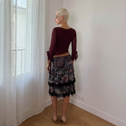 Vintage Italian Burgundy Floral Lace Mesh Crop Top Y2K (S)
