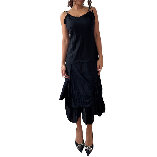 Vintage Black Maxi Dress Ruffle Neckline Adjustable Tie Straps Y2K Italian Cotton (S)