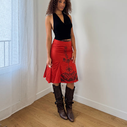 Euro Vintage French Red/Orange Printed Midi Skirt (XS)