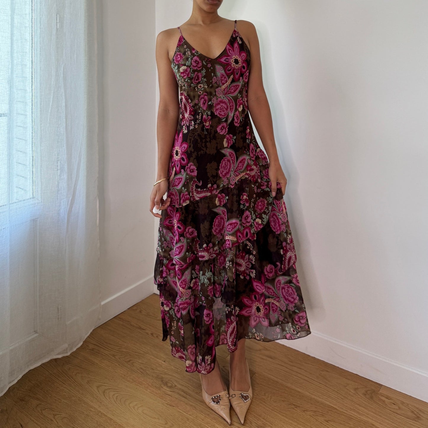 Vintage Brown Pink Floral Mesh Midi Dress Y2K Fairy Grunge Slip Dress (M) ⠀