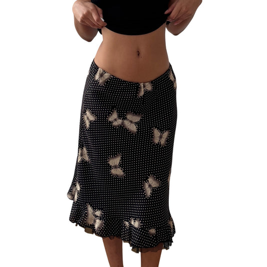 Vintage Brown Polka Dot Butterfly Mesh Midi Skirt Sheer Ruffle Hem Italy Y2K (S)