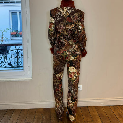 Copied - Vintage euro animal & floral prints matching pants and jacket set with fur trim