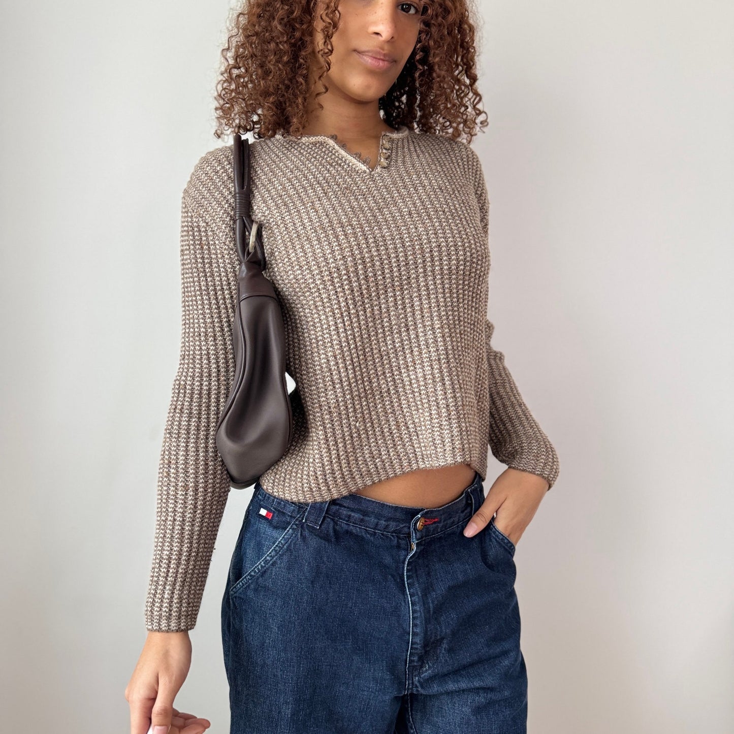 Vintage French Taupe Ribbed Knit Sweater Wool Alpaca Blend (S)