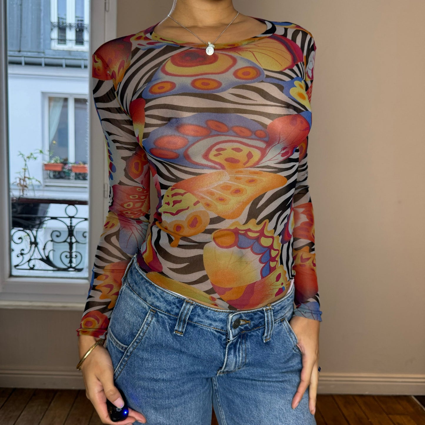 Vintage Y2K Euro Graphic Sheer Mesh Top (XS/S)