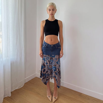 Vintage Blue Denim Floral Mesh Midi Skirt Saxx Jeans Y2K (S)