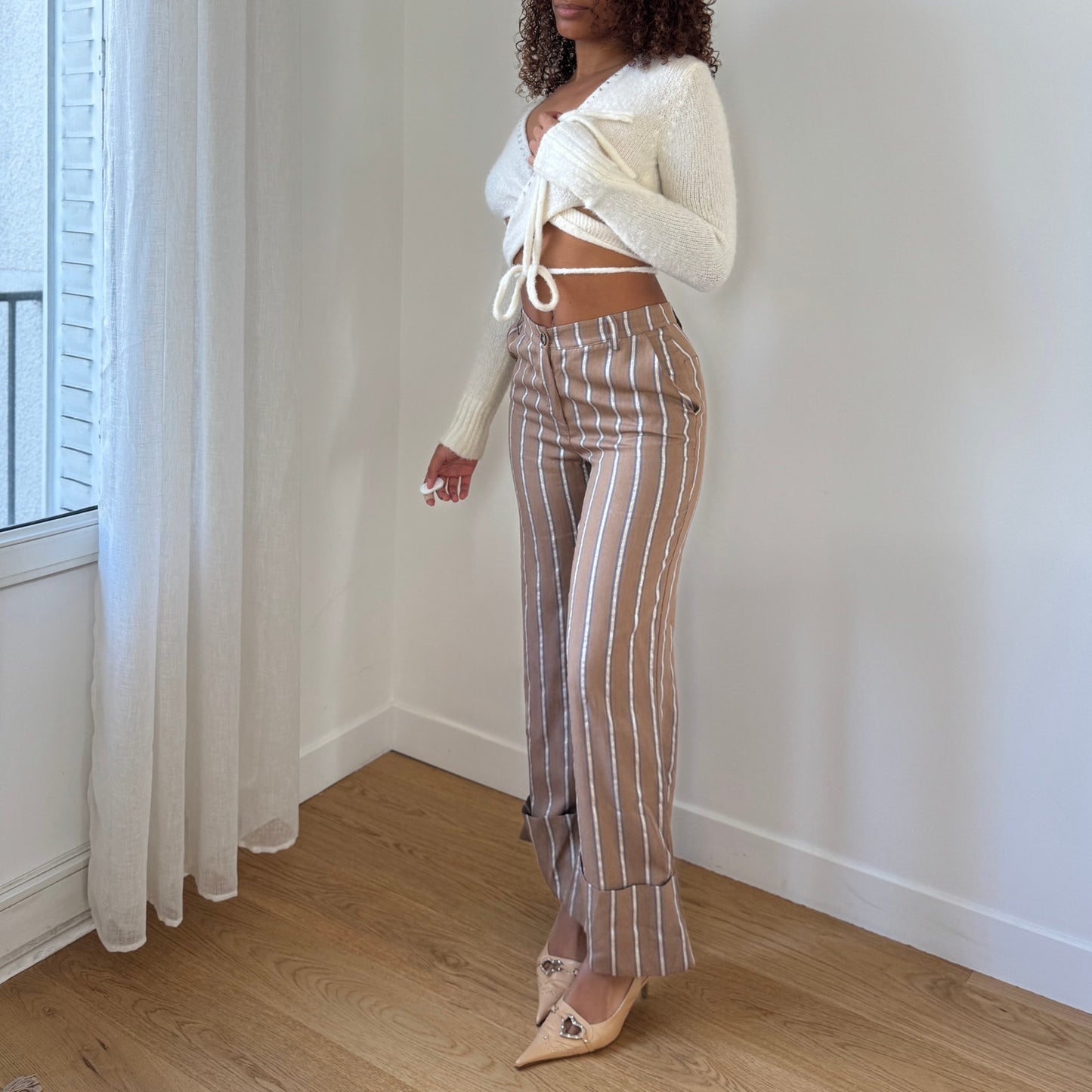 Vintage Italian tan striped high-waisted trousers with shimmer detail (XS)