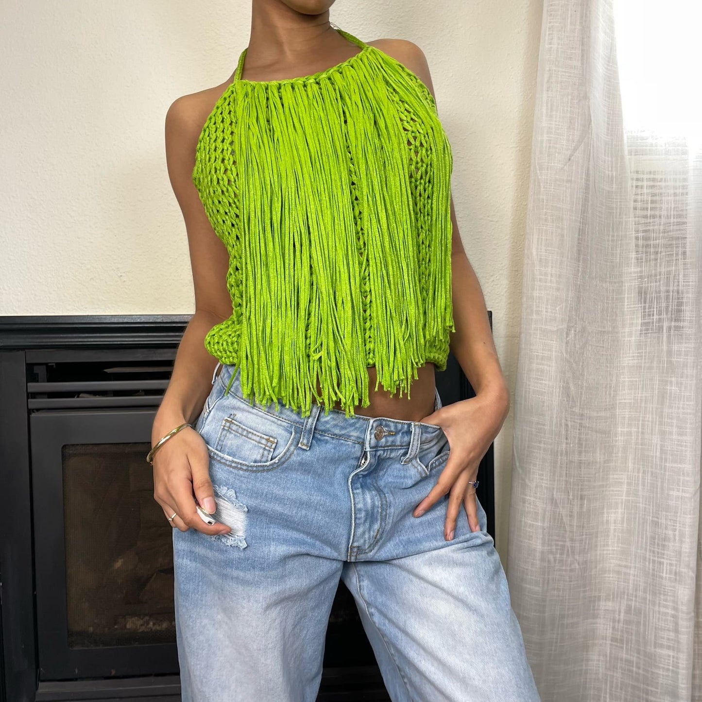 Made in Italy - Vintage 90s green knit crochet tube halter top (S-M) summer festival
