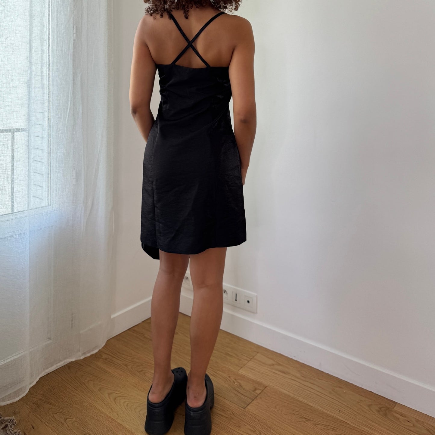 Vintage Black Slip Mini Dress Satin Feel Adjustable Straps Open Back Y2K Made in Italy (XS/S) ⠀