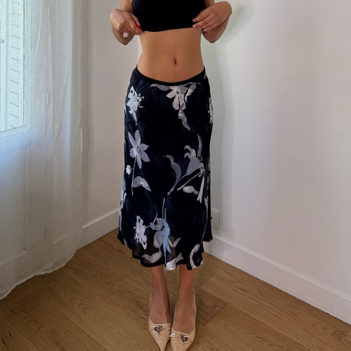 Vintage Italian Black Blue Floral Sheer Mesh Midi Skirt (S)