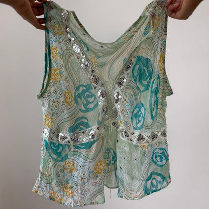 Vintage Blue & Green Floral Mesh Tie Front Top Sequin Lace Italian Y2K (S/M)