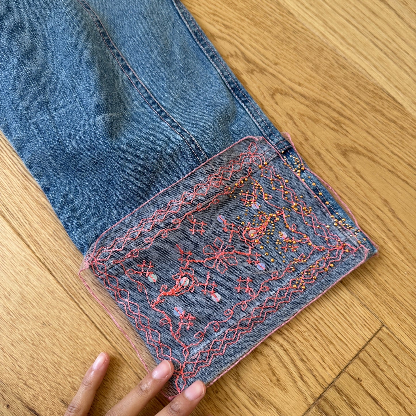 Vintage Italian Designer Embroidered Denim Cropped Pants Beaded Detail (S)