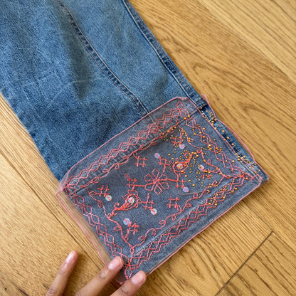 Vintage Italian Designer Embroidered Denim Cropped Pants Beaded Detail (S)