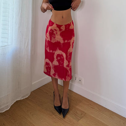E-Play Italian Vintage Red Beige Portrait Face Print Midi Skirt