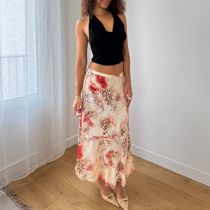 Vintage cheetah & abstract floral satin-mesh midi skirt with tiered hem (Small)