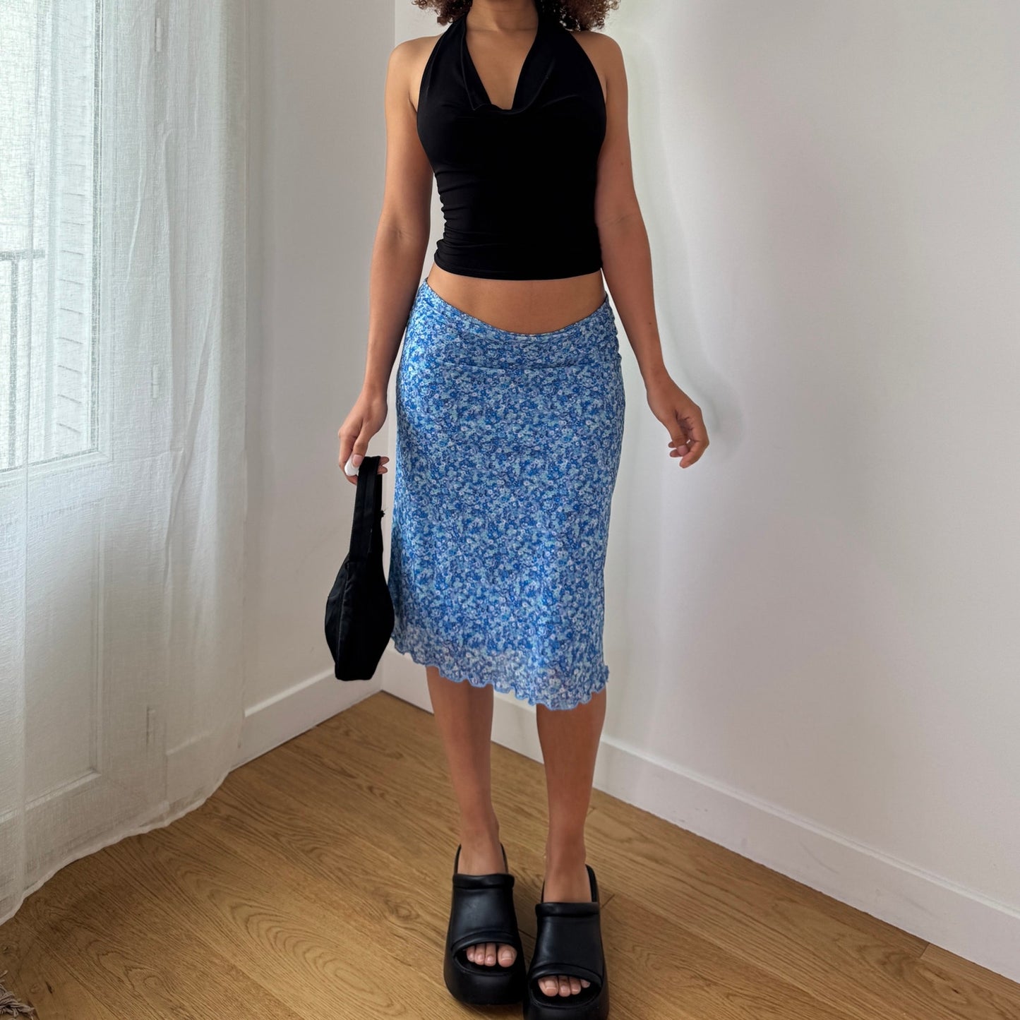 Vintage Blue Floral Mesh Midi Skirt Italian Y2K Ditsy Floral Skirt (S) ⠀