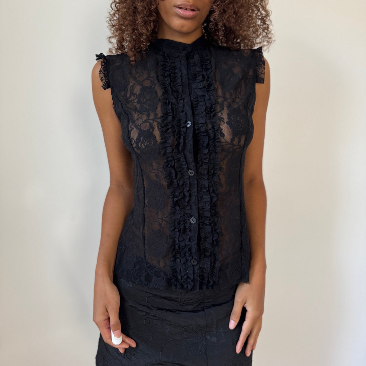 Vintage Italian sheer black lace ruffle button-up top (S/M)
