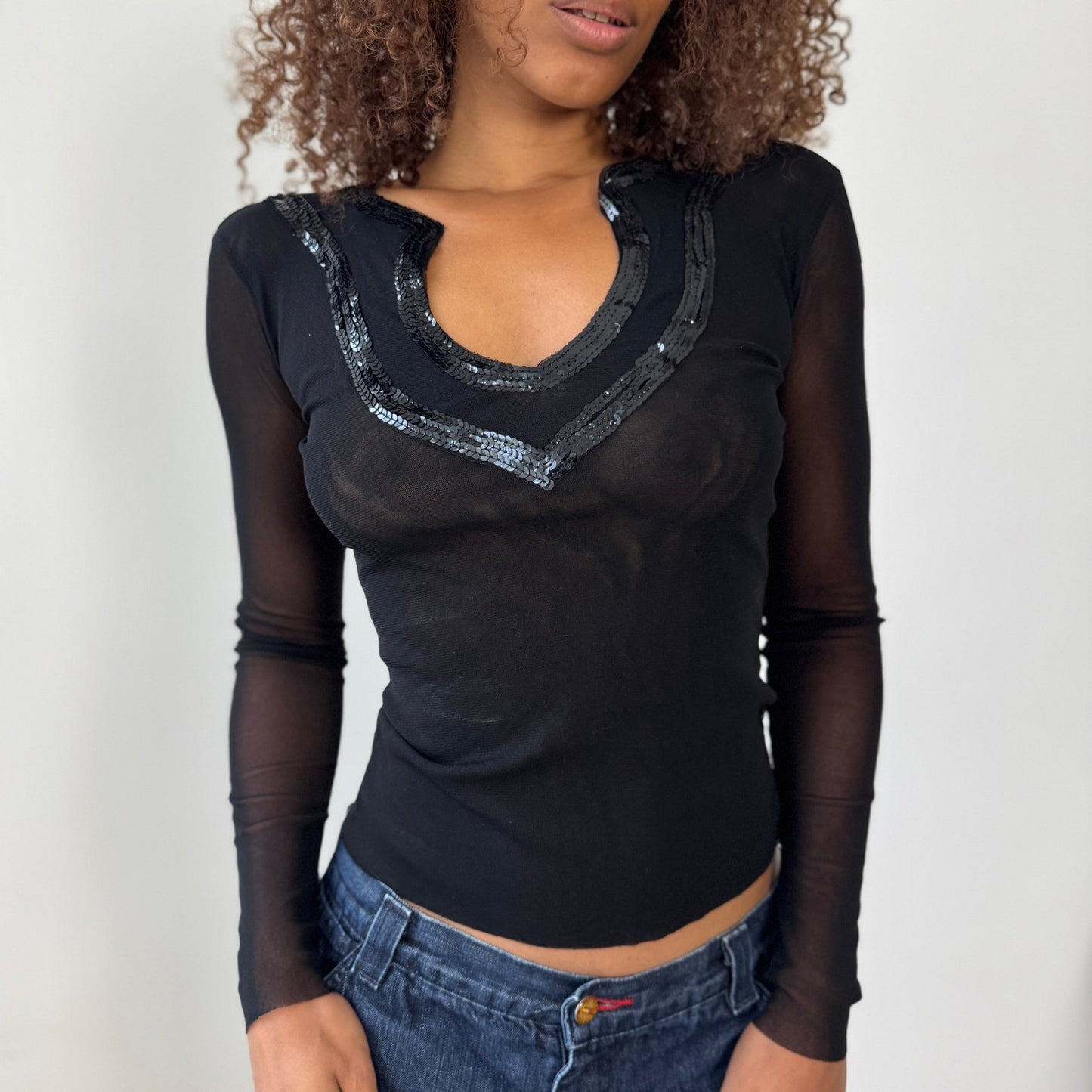 Vintage Euro Black Mesh Long-Sleeve Top with Sequin V-Neck (XS/S)