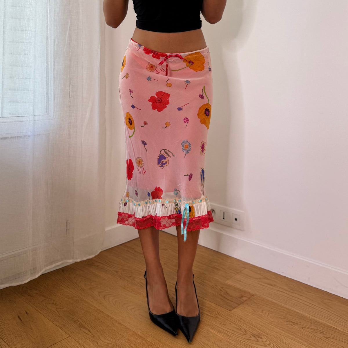 Twin-Set Italian Vintage Pink Red Floral 100% Silk Mesh Midi Skirt with Lace Ruffle Hem