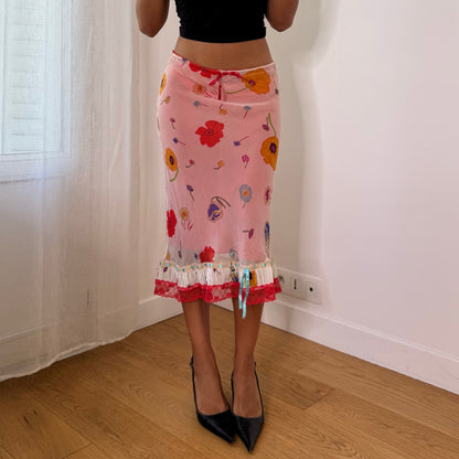 Twin-Set Italian Vintage Pink Red Floral 100% Silk Mesh Midi Skirt with Lace Ruffle Hem