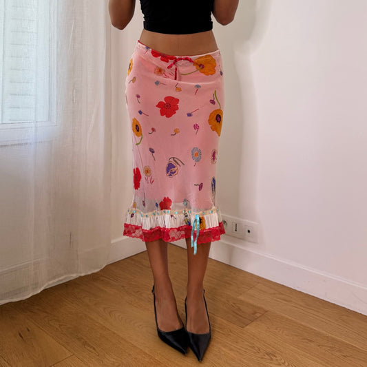 Twin-Set Italian Vintage Pink Red Floral 100% Silk Mesh Midi Skirt with Lace Ruffle Hem
