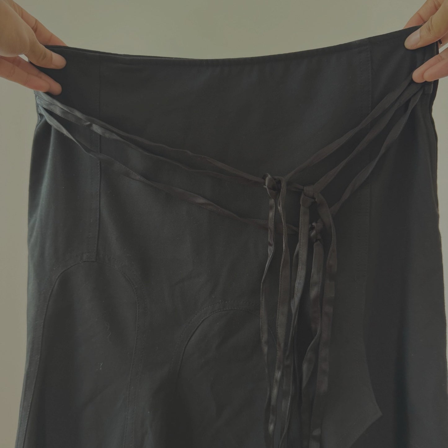 Vintage Black Midi Skirt Satin Ribbon Detail Asymmetrical Hem Y2K (S)