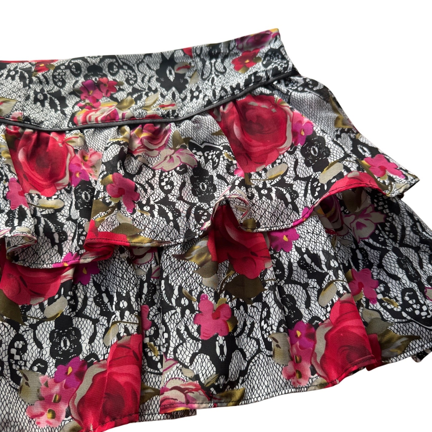 Vintage Floral Mesh Ruffle Mini Skirt Tiered Lace Print Morgan De Toi Y2K (S) ⠀