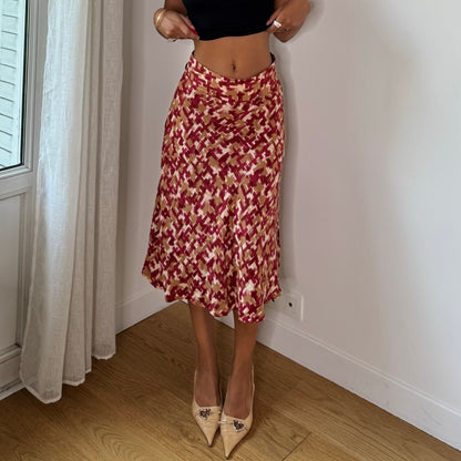 Vintage 90s Italian 100% Silk Abstract Print Midi Skirt