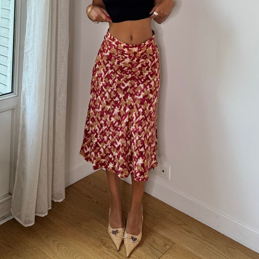 Vintage 90s Italian 100% Silk Abstract Print Midi Skirt