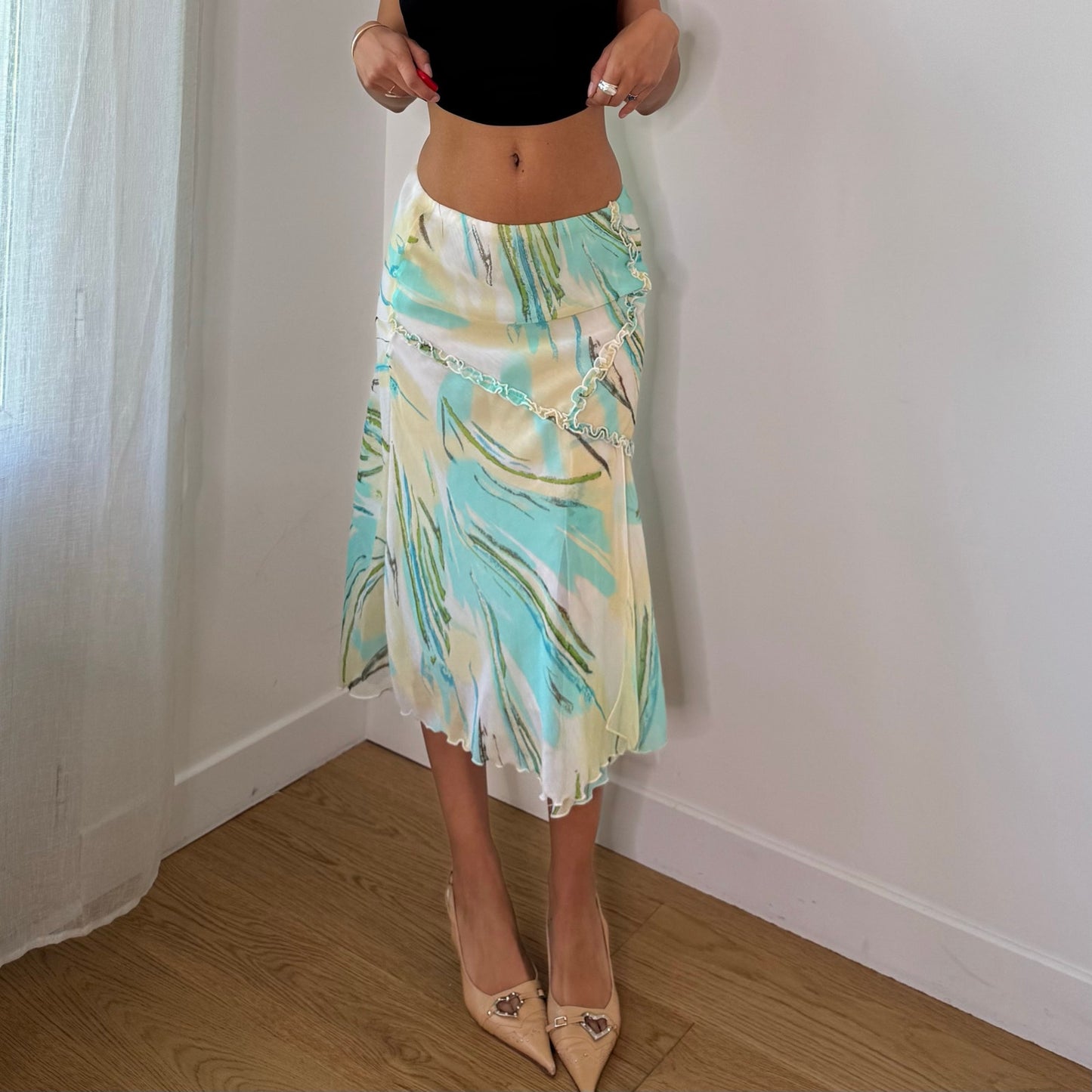 Vintage Aqua Blue Cream Green Abstract Mesh Midi Skirt Italian Y2K (XS/S)