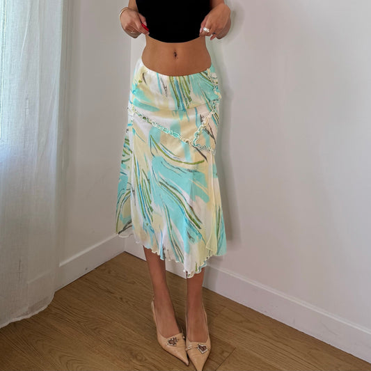 Vintage Aqua Blue Cream Green Abstract Mesh Midi Skirt Italian Y2K (XS/S)