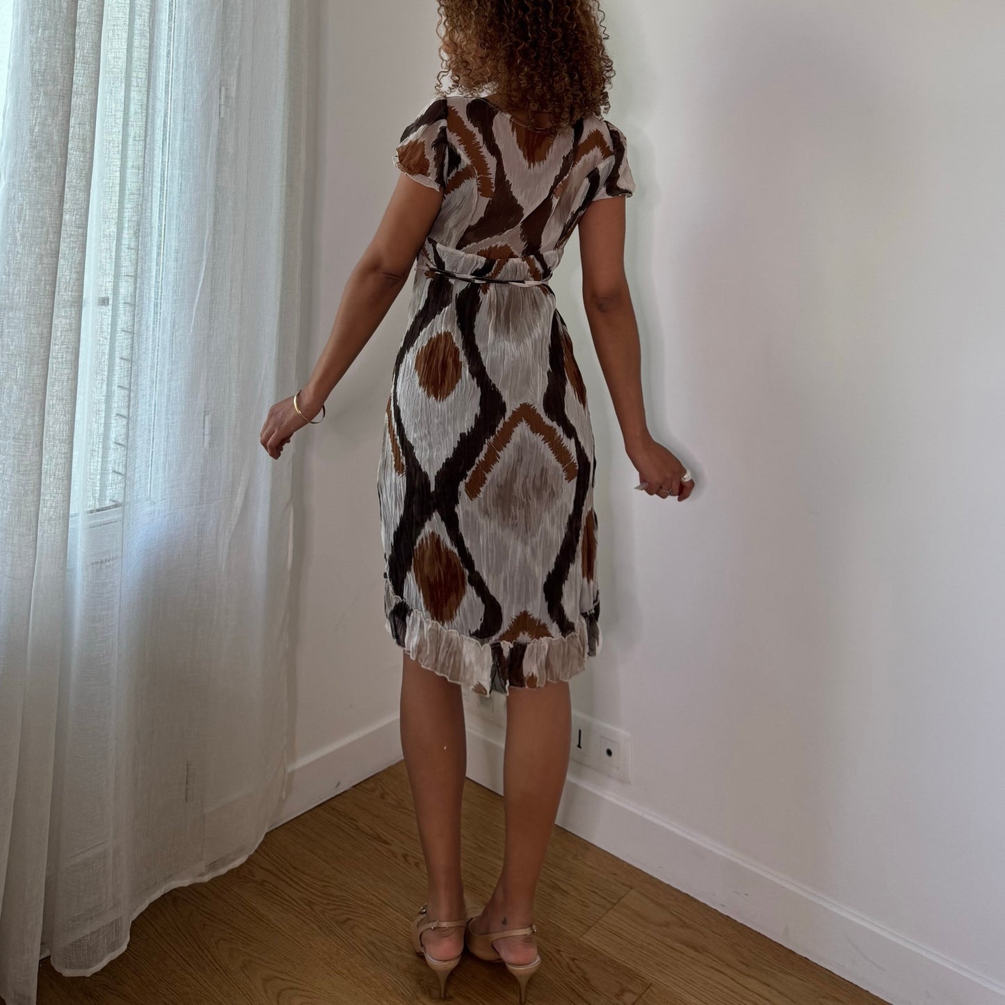 Vintage Brown Beige Abstract Mesh Midi Dress Ruched  Waist Italian Y2K (S)