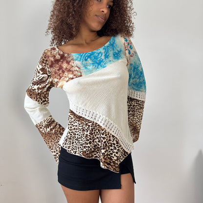 Vintage Patchwork Mixed-Print Asymmetric Long Sleeve Top with Lace Trim (M)