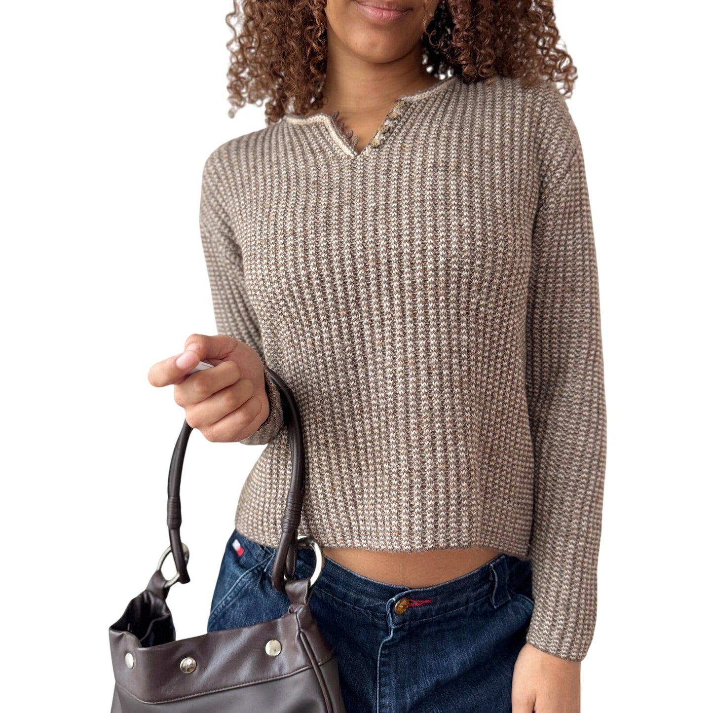 Vintage French Taupe Ribbed Knit Sweater Wool Alpaca Blend (S)