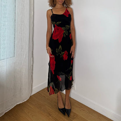 Italian vintage black & red rose print mesh midi slip dress with spaghetti straps