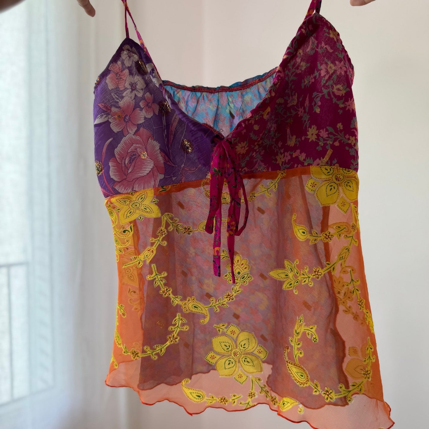 Vintage Orange Purple Pink Blue Floral Embroidered Mesh Cami Top Y2K (S/M)