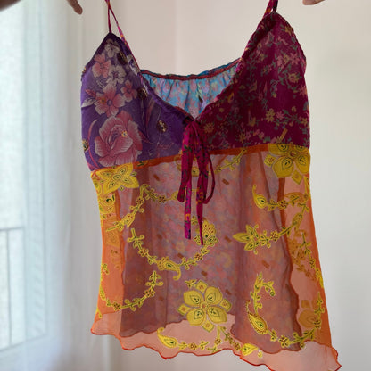 Vintage Orange Purple Pink Blue Floral Embroidered Mesh Cami Top Y2K (S/M)