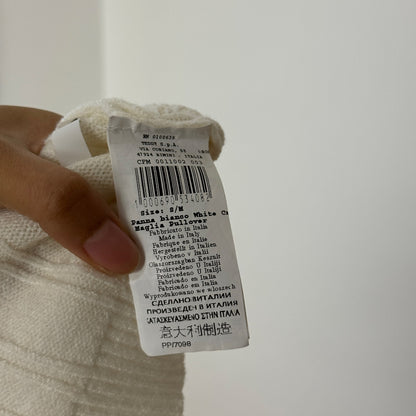 Vintage White Cable Knit Sweater Wide Foldover Collar Fitted Cropped (S)