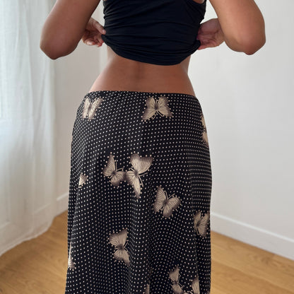 Vintage Brown Polka Dot Butterfly Mesh Midi Skirt Sheer Ruffle Hem Italy Y2K (S)