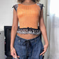 Vintage Deadstock 00s Ribbed Pointelle Orange baby tee with lace trim (XS-S)